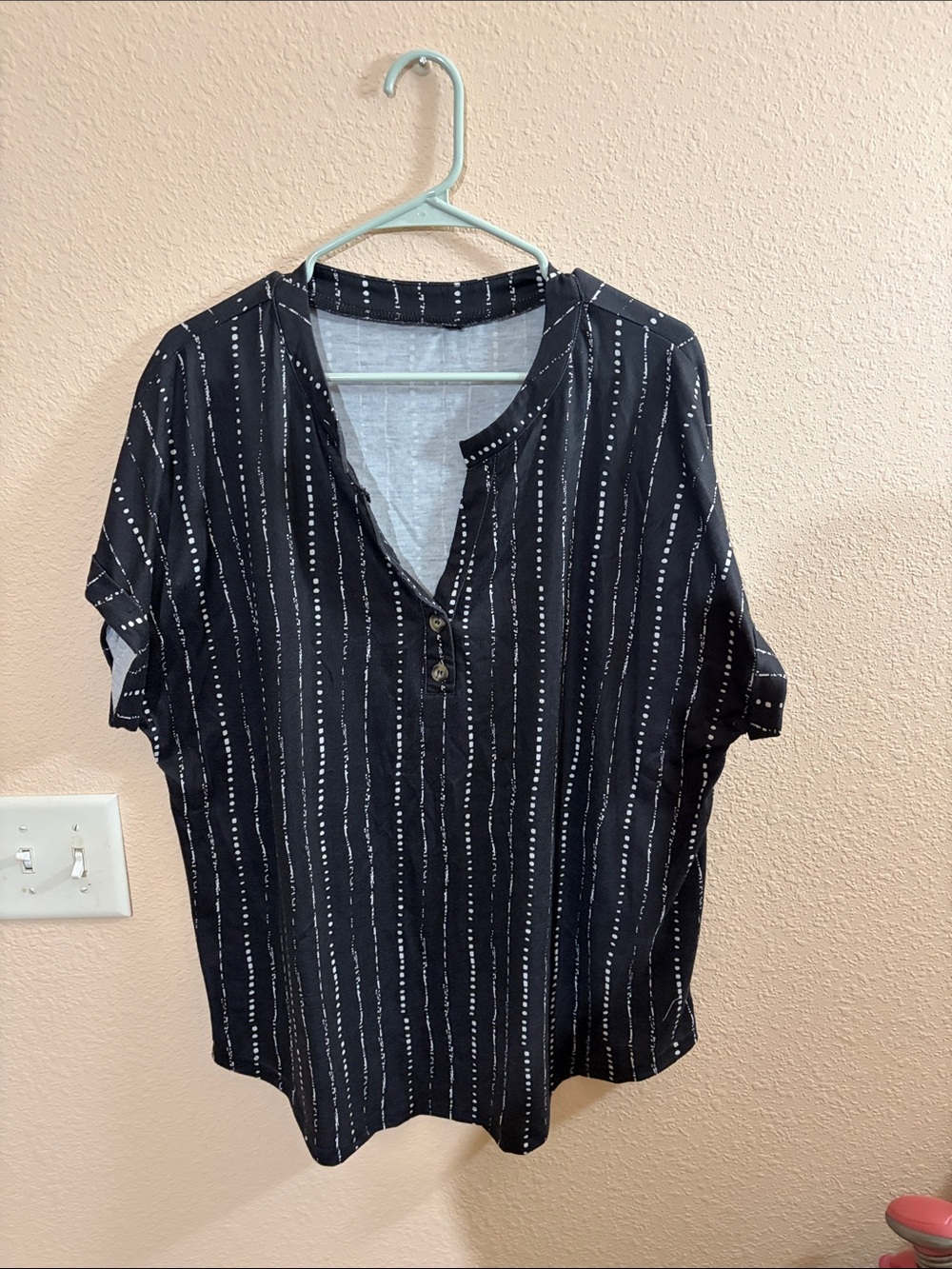 Black Stripe Short-Sleeve Shirt with Button Detail